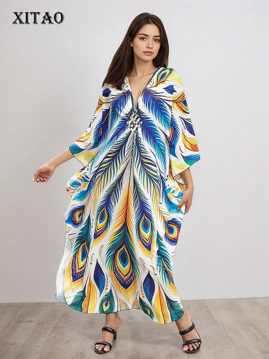XITAO Bohemian Print V-neck Women Dress Casual Summer Pullover A-line Personality Cartoon Female Bat Sleeve Loose Dress GJ1210