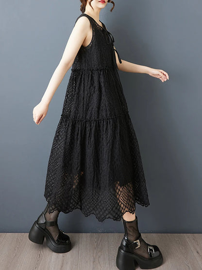 XITAO Lace Drawstring Hollow Out Dress Patchwork Solid Color Loose Sleeveless O-neck Casual Slimming Summer Woman Dress ZMY1312