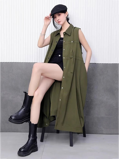 XITAO Single Breasted Turn-down Collar Dress Casual Solid Color Sleeveless A-line Fashion Ribbon Summer Women Dress HQQ2479