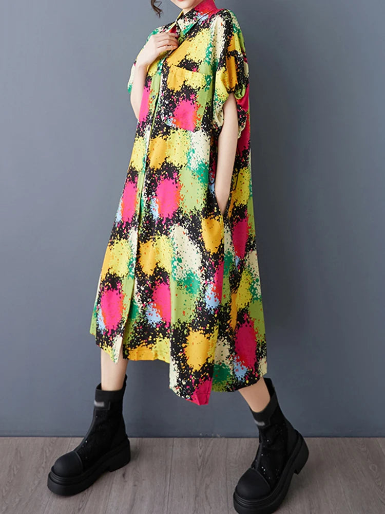 XITAO Print Shirring Pocket Turn-down Collar Dress Women Short Sleeve Loose Casual Temperament Slimming Shirt Dress GYX1616