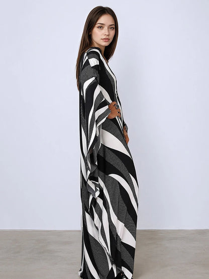 XITAO Contrast Color V-neck Dress Casual Loose Fitting A-line Batwing Sleeve Fashion Personality Summer Women Dress GJ1148