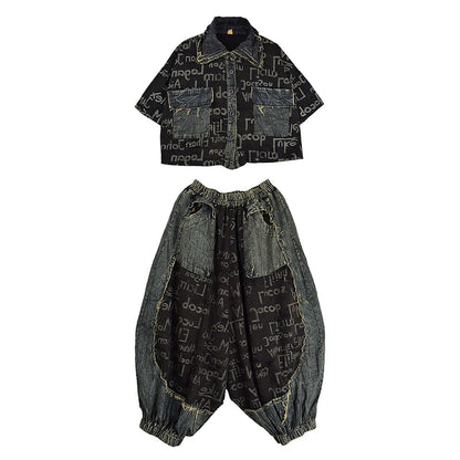 XITAO Letter Print Pocket Patchwork Pant Sets Single Breasted Turn-down Collar Half Sleeve Top Elastic Waist Loose Pant GYX1579
