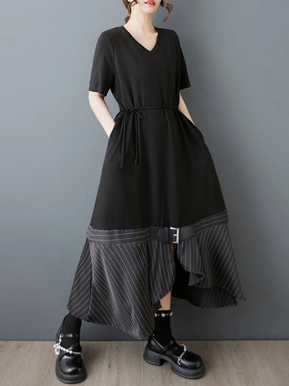 XITAO Striped Contrast Color Asymmetrical Dress V-neck Short Sleeve Patchwork Split Pullover Bandage Casual Female Dress ZMY1288