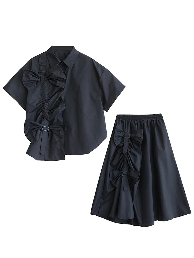 XITAO Floral Pleated Single Breasted Matching Set Casual Turn-down Collar A-line Half Sleeve New Korea Summer Female Set GYX1546