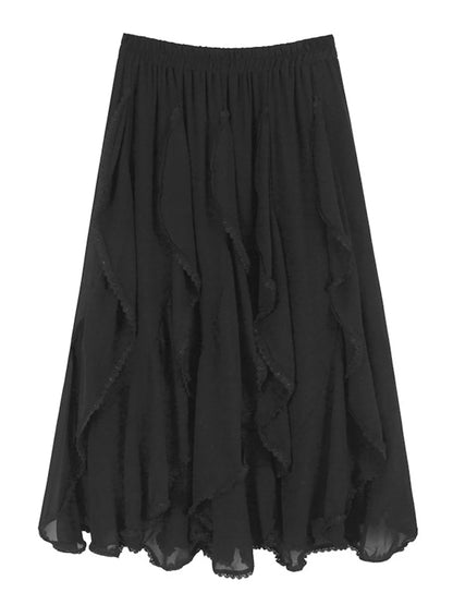 XITAO Ruffles Irregular Skirt Solid Color Mesh Patchwork All-match Women Loose A-line Elastic Waist All-match Skirt GYX1639