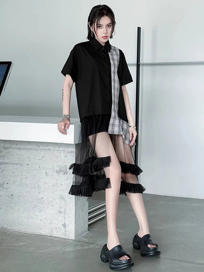 XITAO Mesh Patchwork Shirt Dress Casual Short Sleeve Single Breasted Women Summer All-match Irregular Loose Dress ZMY1396