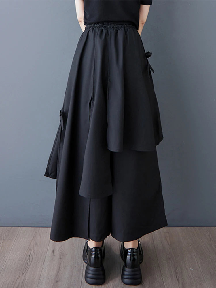 XITAO Asymmetric Drawstring Elastic Waist Pant Casual Solid Color Loose Fitting Fashion Fake Two Pieces Women Pant ZMY1045