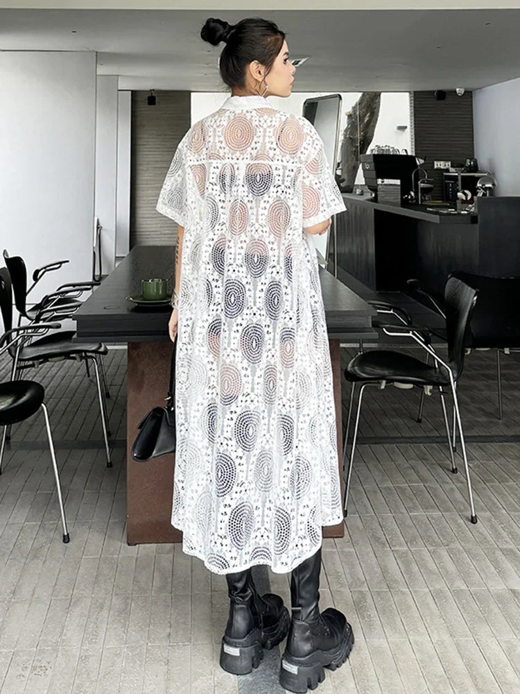 XITAO Hollow Out Embroidery Shirt Dress Solid Color Vintage Lace Perspective Dress Personality Summer New Women DMJ4131