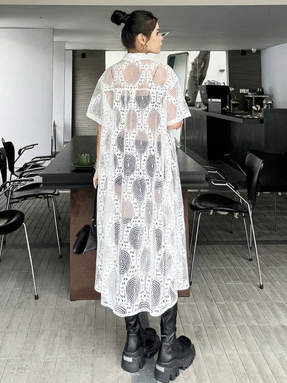 XITAO Hollow Out Embroidery Shirt Dress Solid Color Vintage Lace Perspective Dress Personality Summer New Women DMJ4131