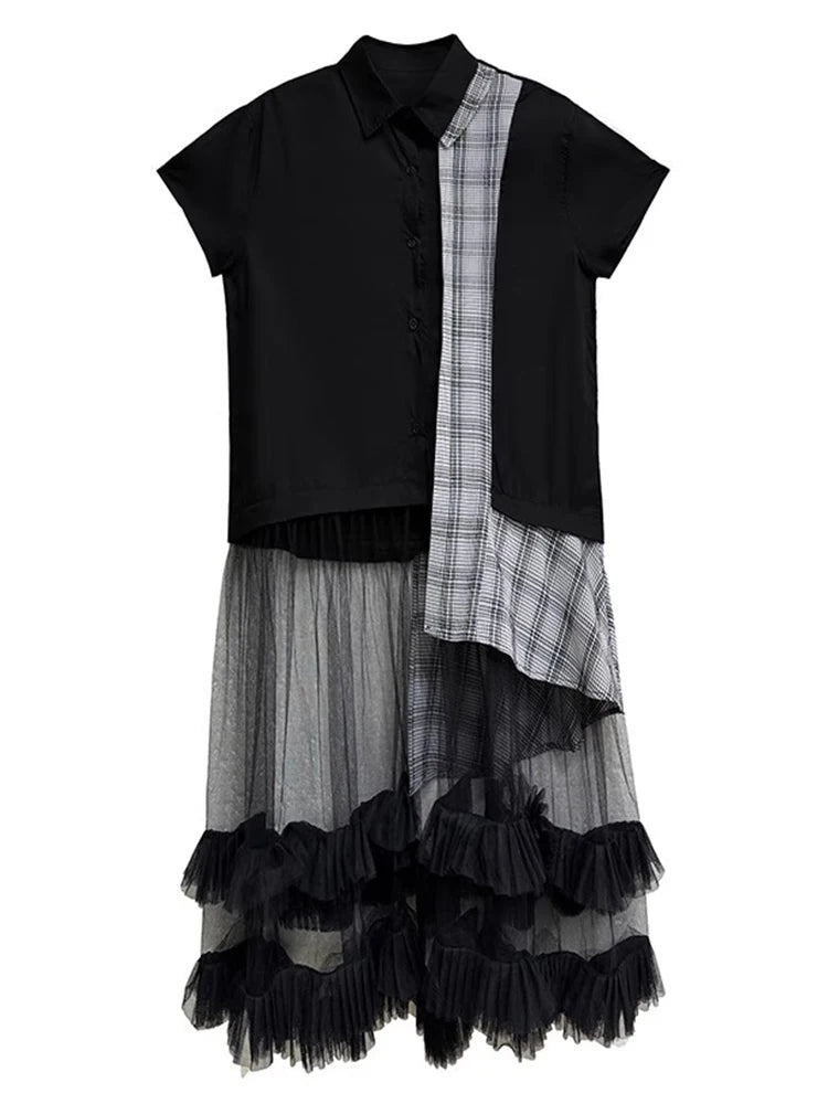 XITAO Mesh Patchwork Shirt Dress Casual Short Sleeve Single Breasted Women Summer All-match Irregular Loose Dress ZMY1396