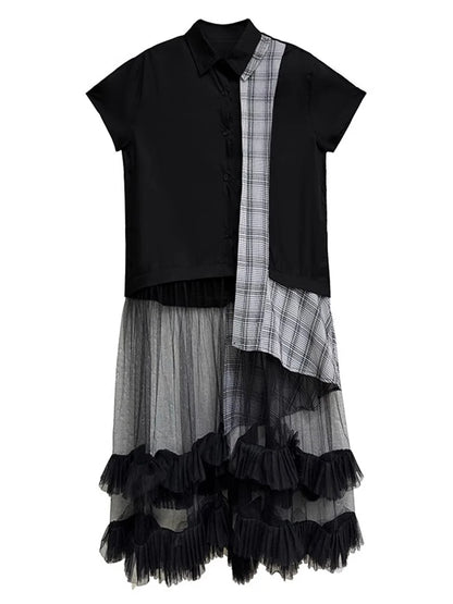 XITAO Mesh Patchwork Shirt Dress Casual Short Sleeve Single Breasted Women Summer All-match Irregular Loose Dress ZMY1396