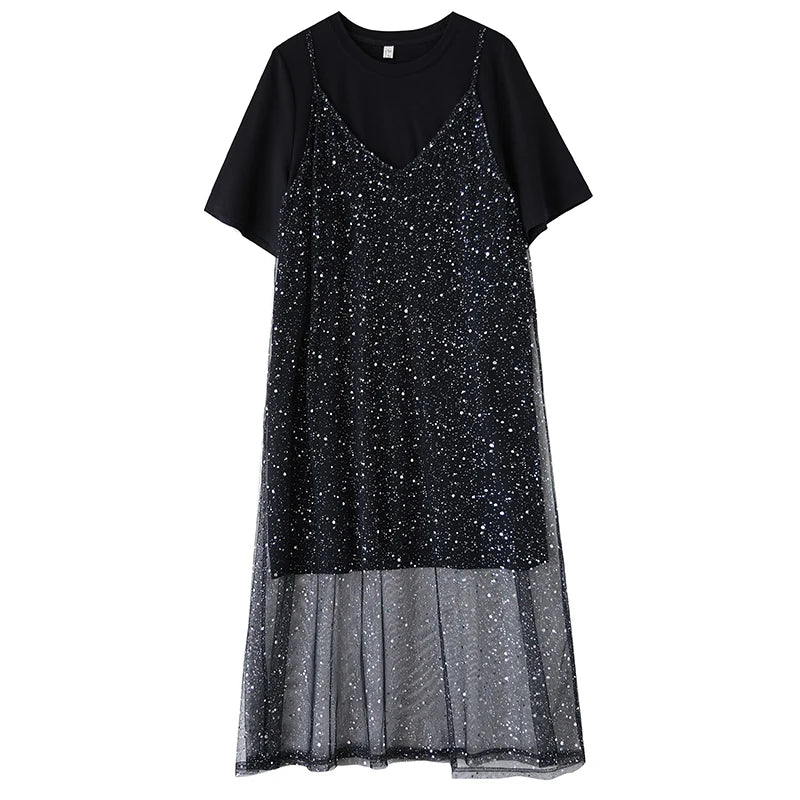 XITAO Mesh Sequin Short Sleeve Dress Casual Loose Fitting Two-piece New Arrival Solid Color A-line Summer Women Dress ZMY1194