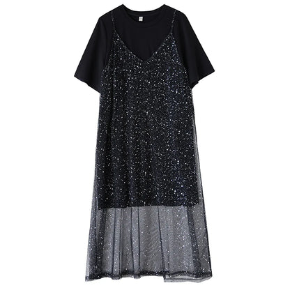 XITAO Mesh Sequin Short Sleeve Dress Casual Loose Fitting Two-piece New Arrival Solid Color A-line Summer Women Dress ZMY1194