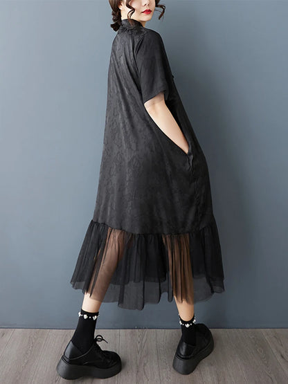 XITAO Loose Mesh Patchwork Female Dress Casual Vintage Tassel Women Summer Short Sleeve Irregular Goddess Fan Dress HQQ2480
