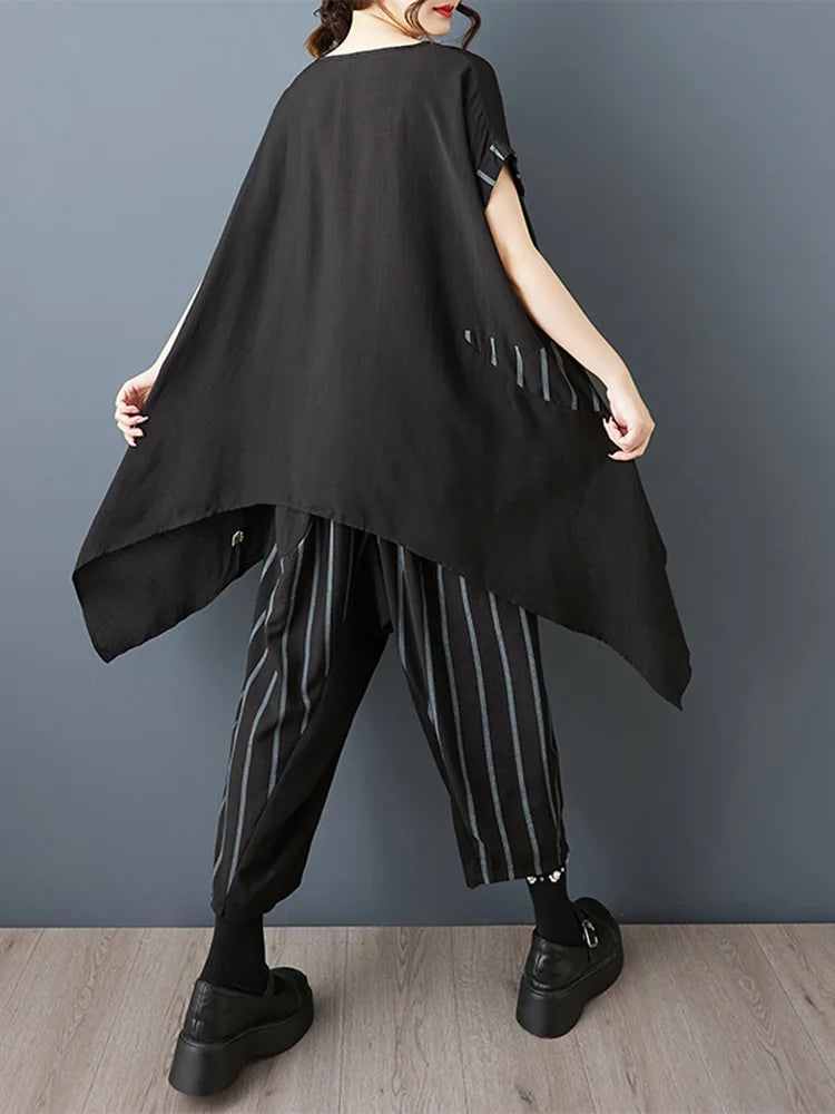 XITAO Irregular Striped Print Sets Patchwork O-neck Short Sleeve Loose Slimming Elastic Waist Two-piece Woman Sets ZMY1318