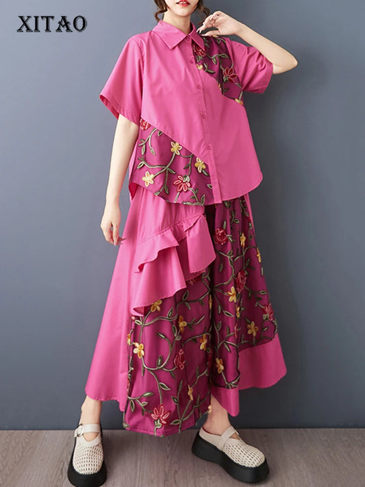 XITAO Embroidery Patchwork Gauze Sets Turn-down Collar Short Sleeve Two-piece Elastic Waist A-line Summer Dress Sets ZMY1389