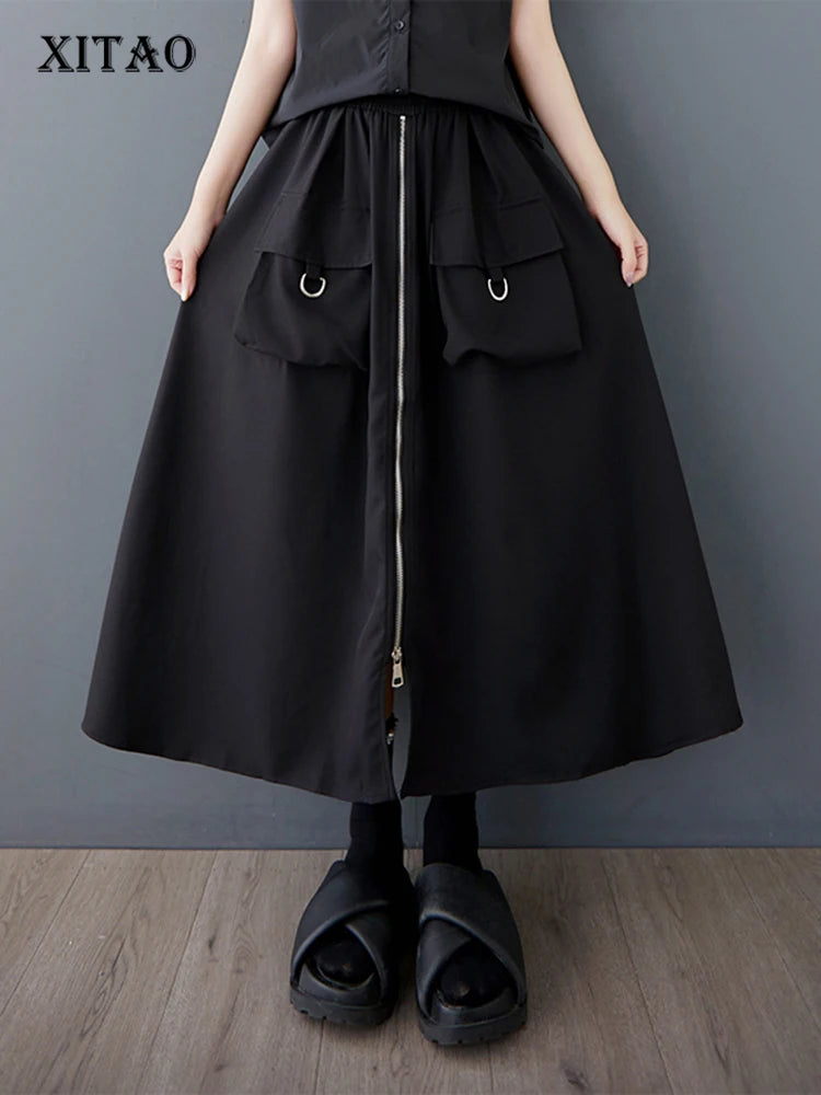 XITAO Zipper Pocket Patchwork Split Skirt Solid Color Elastic Waist Loose Mid-calf Casual Personality Slimming Skirt GYX1559