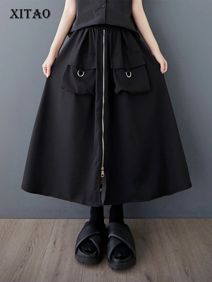 XITAO Zipper Pocket Patchwork Split Skirt Solid Color Elastic Waist Loose Mid-calf Casual Personality Slimming Skirt GYX1559