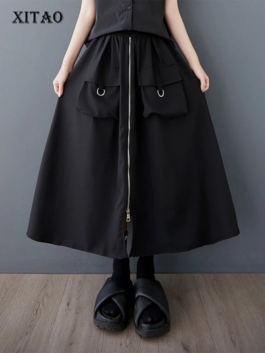 XITAO Zipper Pocket Patchwork Split Skirt Solid Color Elastic Waist Loose Mid-calf Casual Personality Slimming Skirt GYX1559