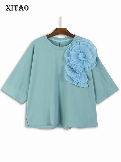 XITAO Three-dimensional Decoration Floral T-shirt O-neck Half Sleeve Solid Color Personality Casual Loose T-shirt Top LYD1892
