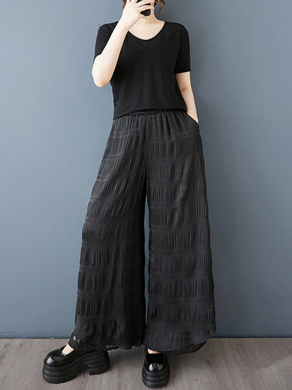 XITAO Women Elastic Waist Wide Leg Pant Casual Loose Fitting Pleated Solid Color Simple Comfortable Summer Female Pant GYX1636
