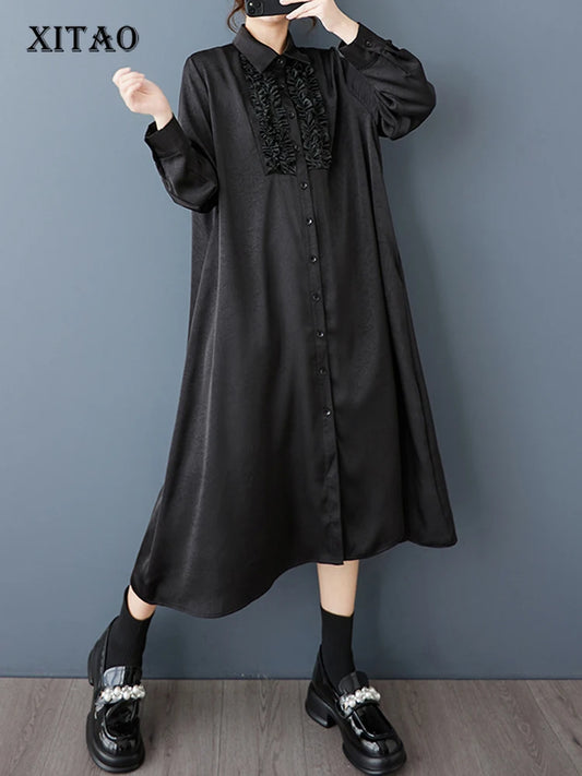 XITAO Loose Vintage Patchwork Shirt Dress Casual Solid Color All-match Single Breasted Women Long Sleeve A-line Dress GYX1562