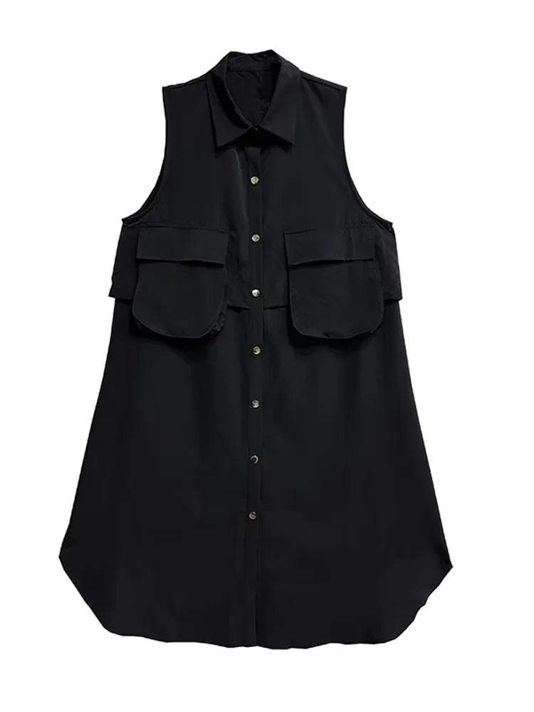 XITAO Single Breasted Turn-down Collar Pocket Dress Casual Loose Fitting Personality Fashion Korea Summer Female Dress ZMY1193