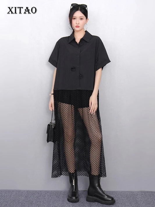 XITAO Flower Patchwork Irregular Shirt Dress Casual Solid Color Short Sleeve Women Summer Hollow Out Loose Dress HQQ2513