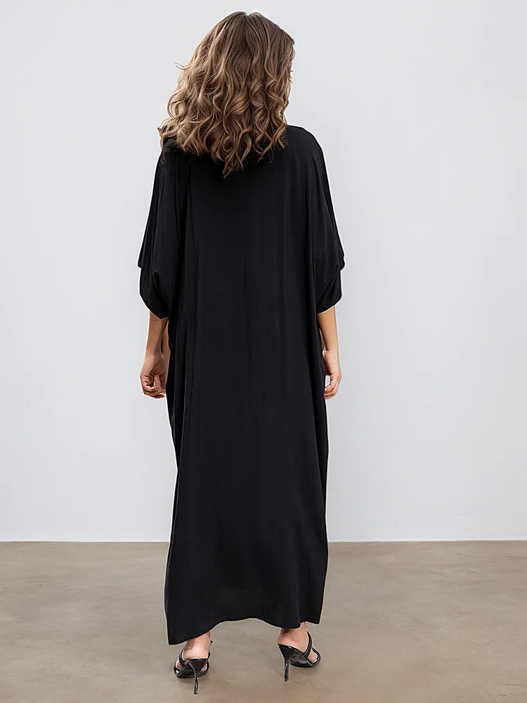 XITAO Embroidery Half Sleeve Loose Female Dress Pullover V-neck Contrast Color Casual Personality Slimming Woman Dress GJ1201