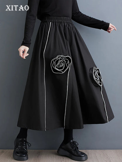 XITAO Three-dimensional Decoration Skirts Solid Color Patchwork Pocket Elastic Waist Loose Casual Skirts Summer New ZY8839