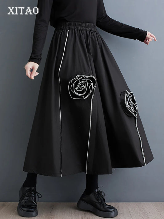 XITAO Three-dimensional Decoration Skirts Solid Color Patchwork Pocket Elastic Waist Loose Casual Skirts Summer New ZY8839