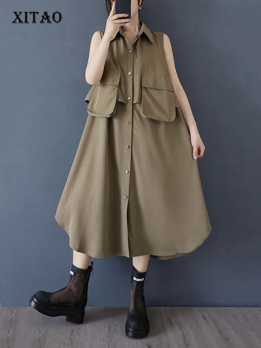 XITAO Single Breasted Turn-down Collar Pocket Dress Casual Loose Fitting Personality Fashion Korea Summer Female Dress ZMY1193