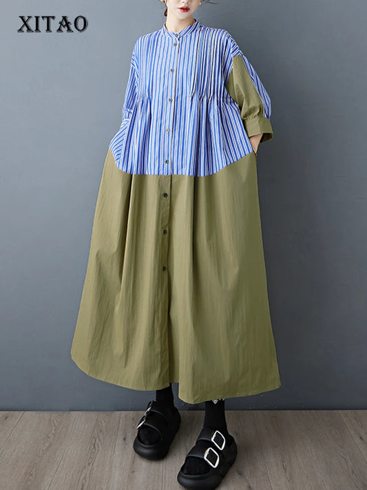 XITAO Contrast Color Striped Casual Dress Patchwork Single Breasted Stand Collar Vintage Side Slit Summer Woman Dress ZMY1365