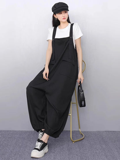 XITAO Sleeveless Straps Jumpsuits Temperament A-line Pocket Patchwork Women Loose Solid Color Summer Slimming Jumpsuits ZMY1338