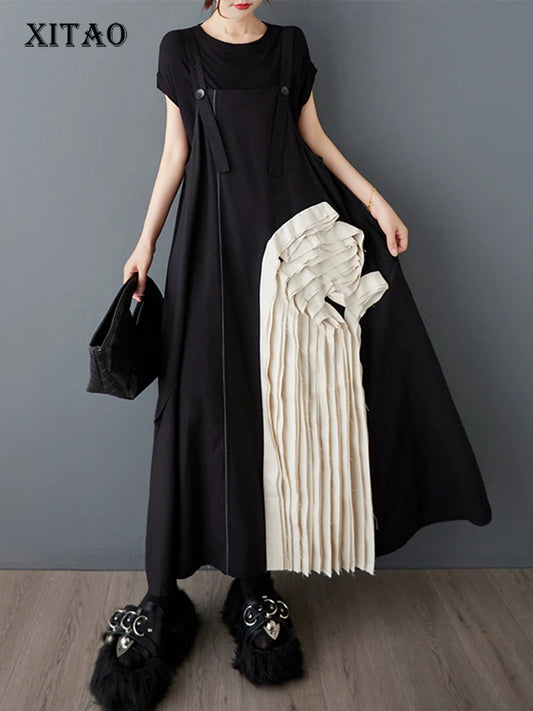 XITAO Asymmetrical Patchwork Flower Button Dress Contrast Color Loose Fitting Casual A-line Personality Women Dress ZMY1060