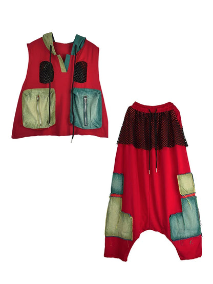 XITAO Patchwork Pocket Contrast Color Hooded Matching Set Casual Loose Fitting Elastic Waist Personality Women Sets GYX1650