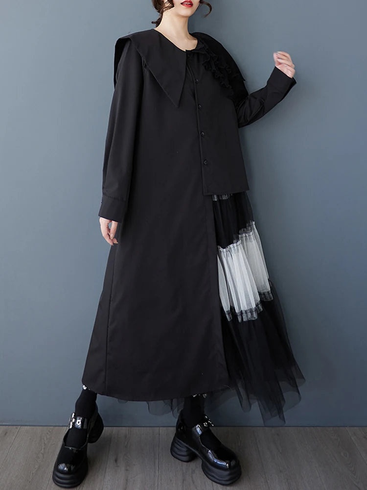 XITAO Asymmetrical Mesh Patchwork Dress Loose Fashion Irregular Women Personality Single Breasted Trend Casual Dress ZMY1152