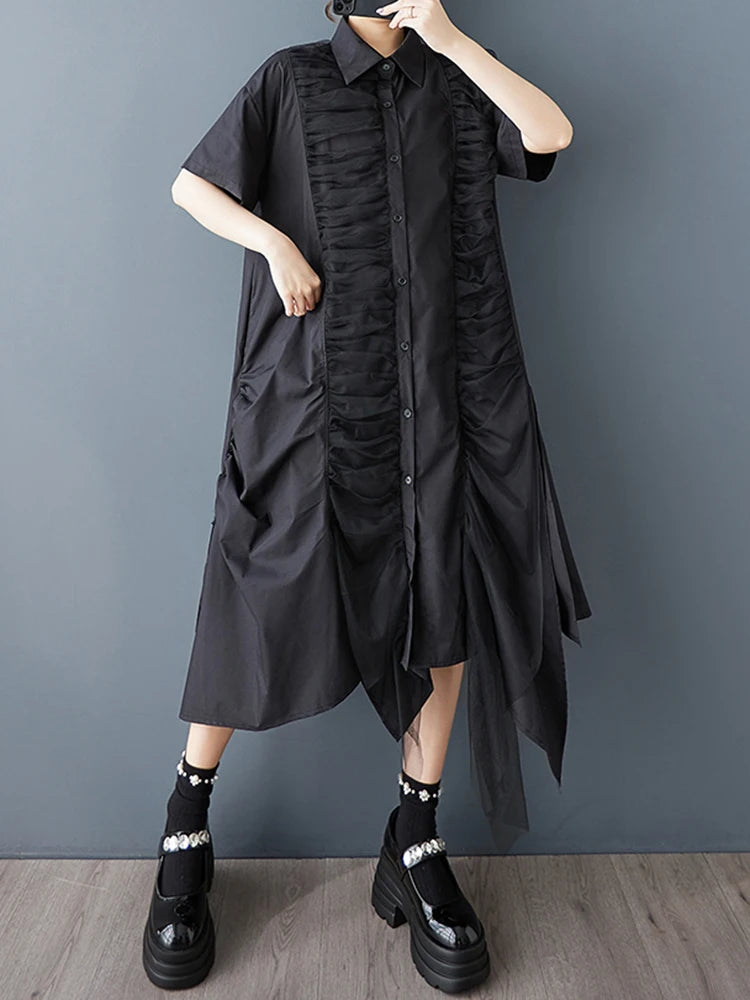 XITAO Asymmetric Pleated Mesh Single Breasted Dress Turn-down Collar Solid Color A-line Sweet Summer Women Dress GYX1625
