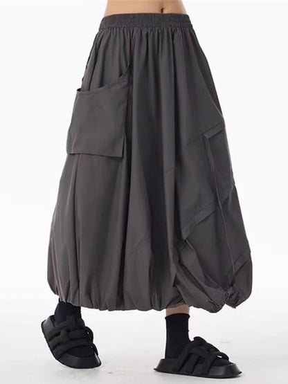 XITAO Casual Big Pocket Folds Skirt Solid Color Simple A-line Patchwork Women Loose All-match Trend Elastic Waist Skirt ZMY1166