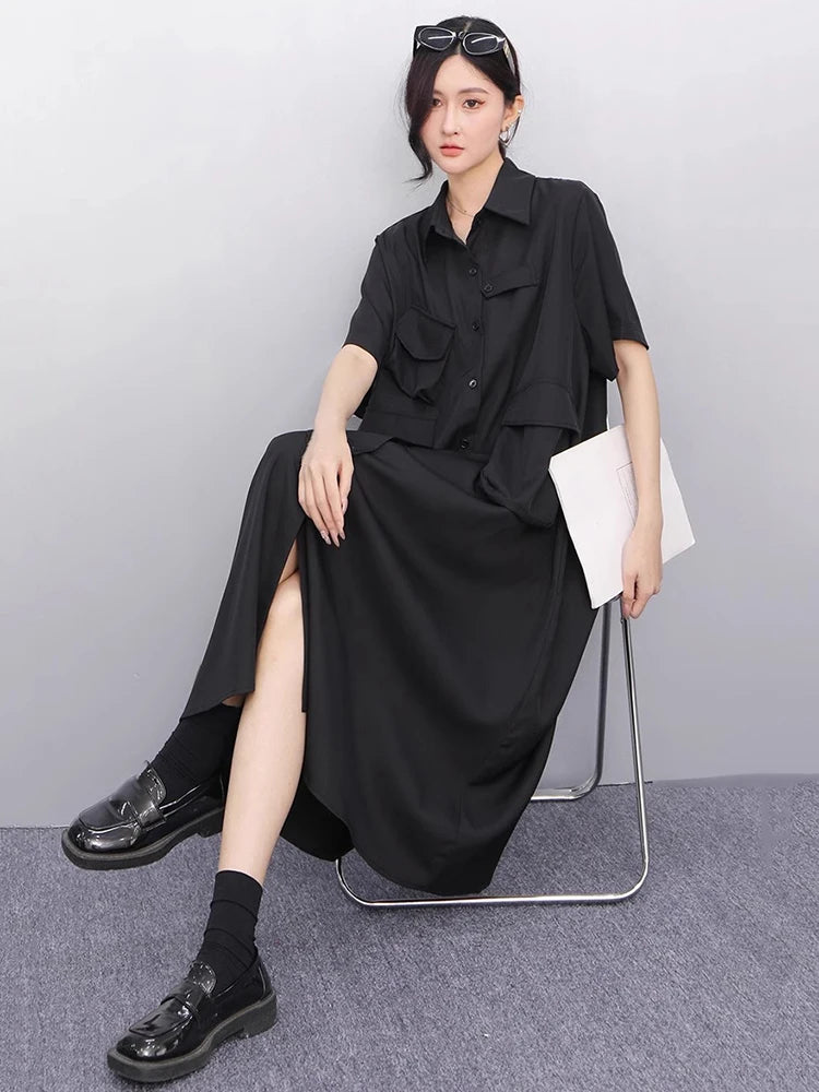 XITAO Loose Pocket Dress Fashion Temperament Simple Patchwork Women Casual Solid Color Single Breasted Shirt Dress ZMY1164