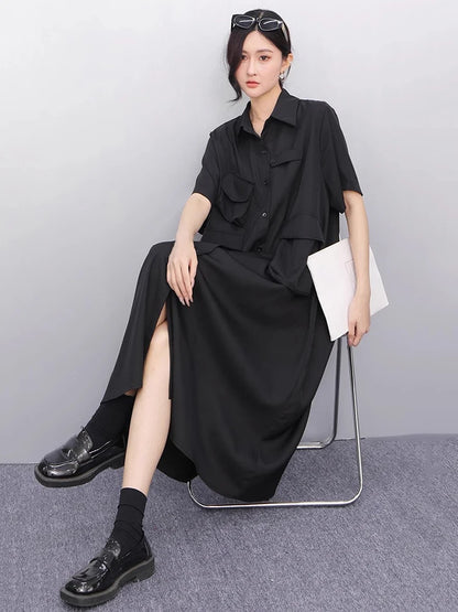 XITAO Loose Pocket Dress Fashion Temperament Simple Patchwork Women Casual Solid Color Single Breasted Shirt Dress ZMY1164