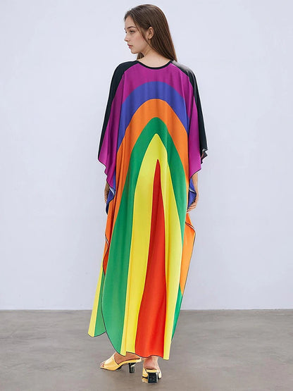 XITAO Side Slit Vintage Loose Dress Contrast Color V-neck Casual Print Personality All-match Elegant Summer Woman Dress GJ1165
