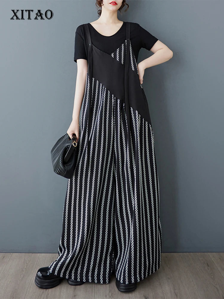XITAO Contrast Color Patchwork Print Jumpsuits Lace-up V-neck Sleeveless Loose Personality Casual Wide Leg Pants GYX1622