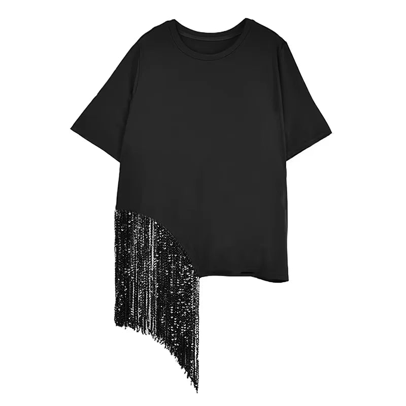 XITAO Loose Tassels Asymmetric Women T-shirt Fashion Trend Short Sleeve O-neck Women Temperament All-match Simple Top ZMY1176
