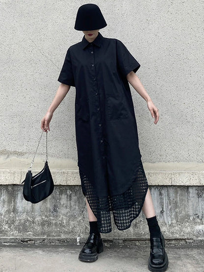 XITAO Pocket Bandage Irregular Female Dress Patchwork Hollow Out Solid Color Loose Slimming Summer Woman Shirt Dress ZMY1237