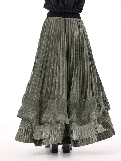 XITAO Asymmetrical Fold Patchwork Skirts Elastic Waist Solid Color A-line Loose Vintage Slimming Temperament Skirt GYX1517