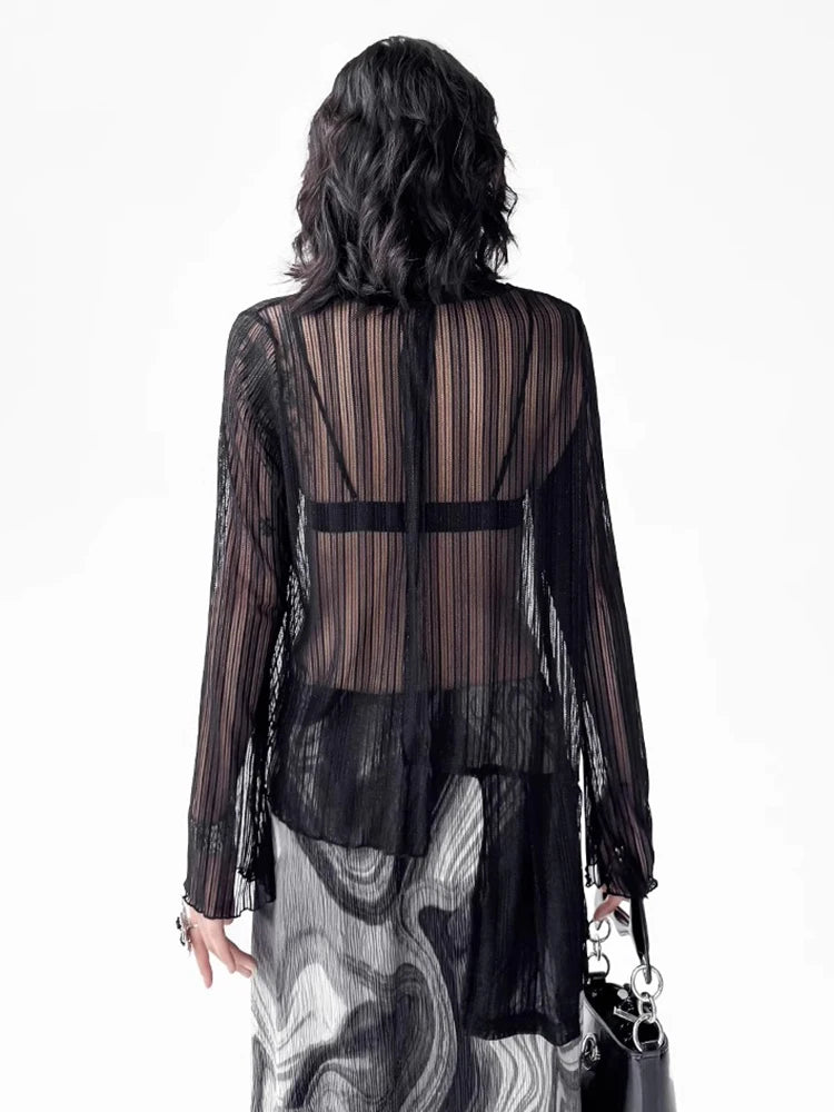 XITAO Gauze Patchwork Asymmetrical Perspective T-Shirts Solid Color Pullover O-neck Long Sleeve Slim Personality T-shirt ZMY1323