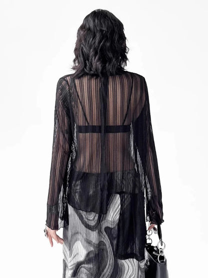 XITAO Gauze Patchwork Asymmetrical Perspective T-Shirts Solid Color Pullover O-neck Long Sleeve Slim Personality T-shirt ZMY1323