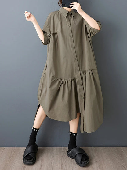 XITAO Asymmetrical Solid Color Female Dress Loose Turn-down Collar Short Half Sleeve A-line Single Breasted Woman Dress ZMY1264