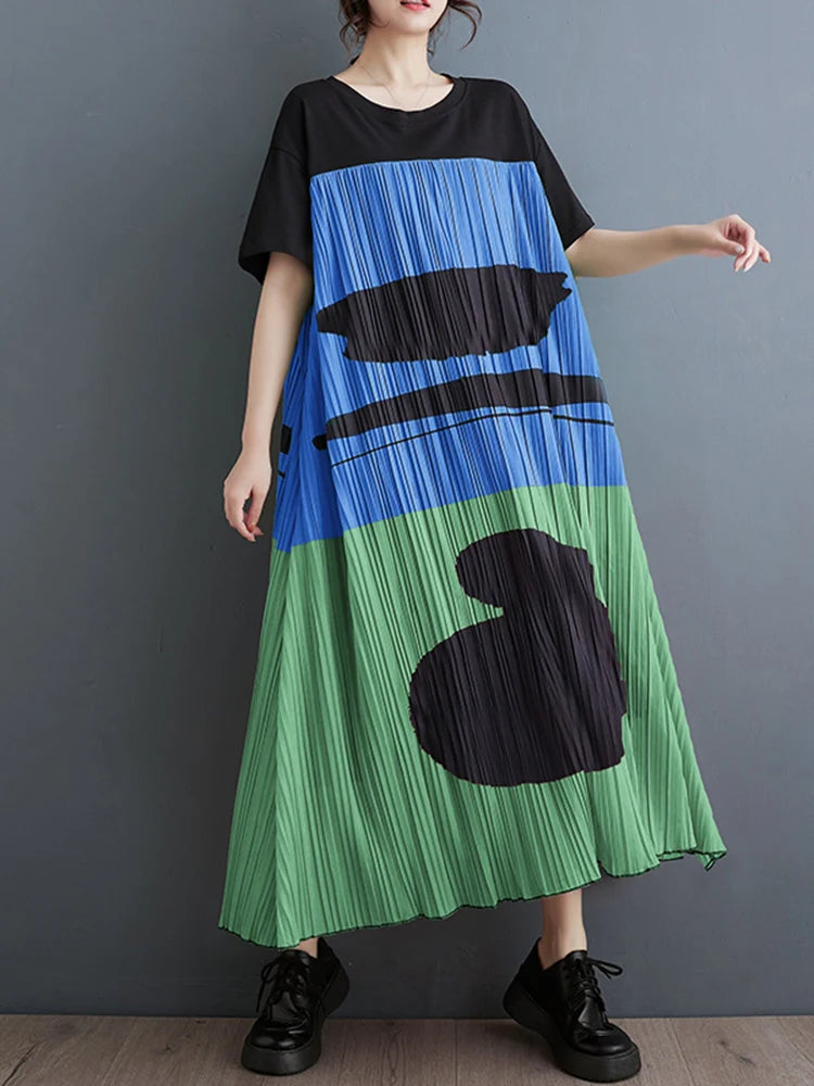 XITAO O-neck Print Short Sleeve Patchwork Dress Fashion Contrast Color Loose All-match Casual Pullover Women Dress LYD1871